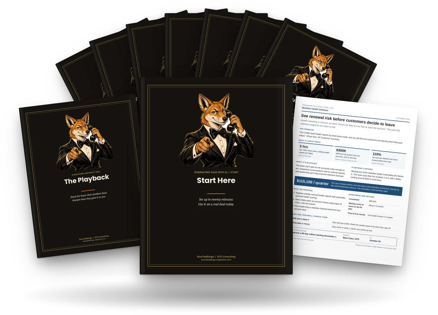 Dominating SaaS with AI: the Start Here guide, seven module guides, The Playback, and an example executive one-pager