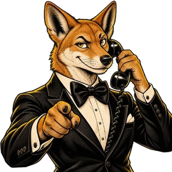 BowTiedDingo: a dingo in a tuxedo on a phone call, pointing at you